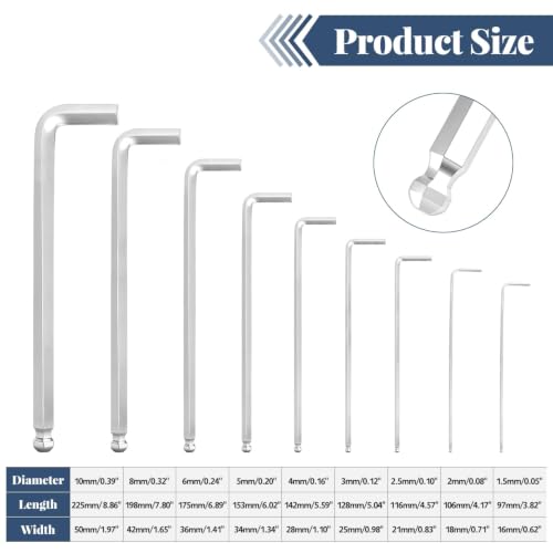 9-Piece Metric Allen Wrench Set, 1.5-10mm Extra Long Matte Finish Hex Key Set, Professional Grade L-Shaped Ball End Hex Keys for Auto, Machinery & Industrial Repair - color: Extra Long Matte Set