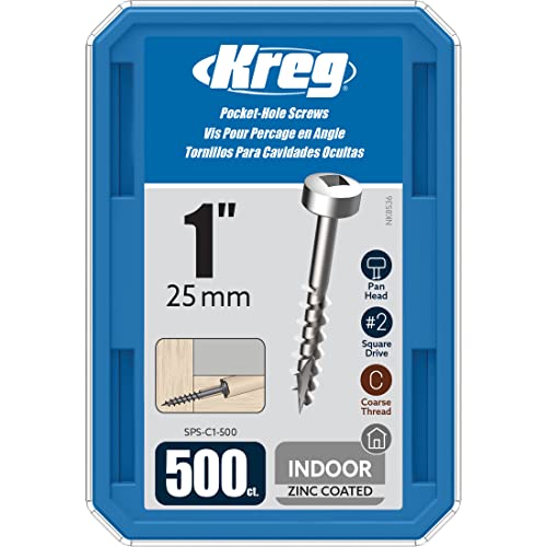 Kreg Zinc Pocket-Hole Screws - SPS-C1-500 - 1-Inch - Coarse Thread - Pan Head - Indoor - 500 Count | Zinc Pocket-hole Screws, Coarse Thread, Pan Head for Strong Indoor Woodworking Joints
