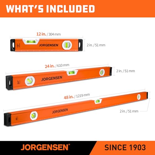 JORGENSEN 3-Piece Non-Magnetic Aluminum Spirit Level Set for Construction - size: 48"+24"+12" (Non-Magnetic, No LED)