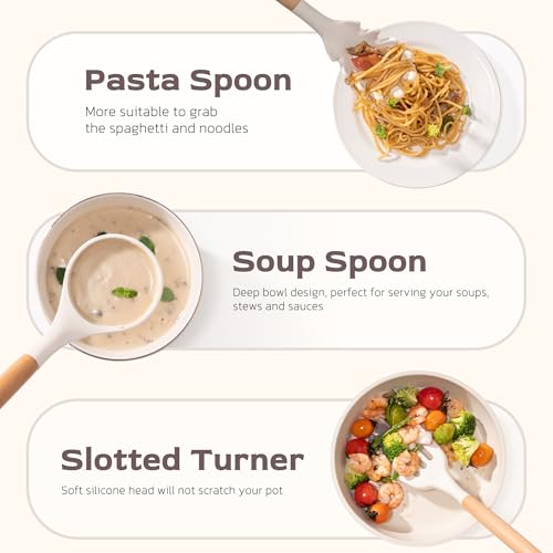 Astercook Kitchen Utensils set, 39 PCS Silicone Cooking Utensils Set with Wooden Handle, 446°F Heat Resistant Food Grade Utensil Sets, BPA Free Kitchen Gadgets Tools Set for Nonstick Cookware (Cream) - color: Cream