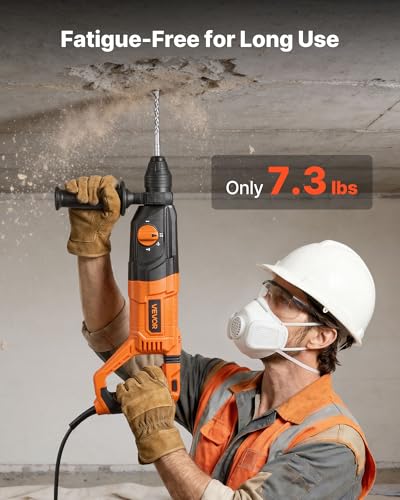 VEVOR Rotary Hammer Drill, 1-1/8 in SDS-Plus Electric Corded Heavy Duty Rotary Hammer, 4 Functions, Including 3 Drill Bits, Flat Chisel, Pointed Chisel, and Carrying Case, for Concrete and Masonry - size: 1-1/8 in