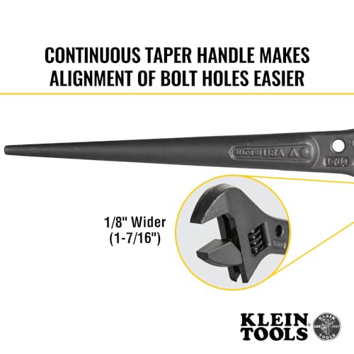 Klein Tools 3227 Extra Wide Adjustable Wrench, Made in USA, Construction Spud Wrench for Up to 1-7/16-Inch Nuts and Bolts, 10-Inch, with Tether Hole