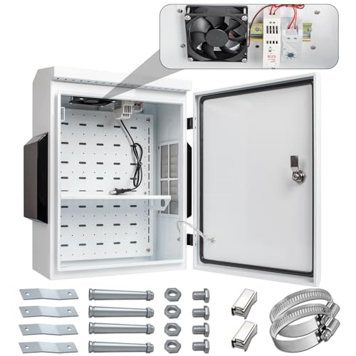 Outdoor Electrical Box with Thermostat and Fan, Cold-Rolled Steel Plate, Aluminum Alloy Back Beam, One-Piece Ventilation Design, IP65 Waterproof, Wall/Pole Mounted. (19.6" x 15.7" x 7.9") - size: 19.6" x 15.7" x 7.9"