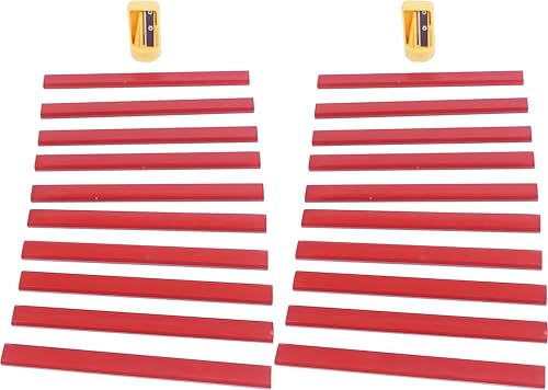 Bexter Carpenter Pencil Set with Sharpeners – 20 Red Flat Woodworking Marking Tools + 2 Sharpeners for Construction, Carpentry, Framing & DIY