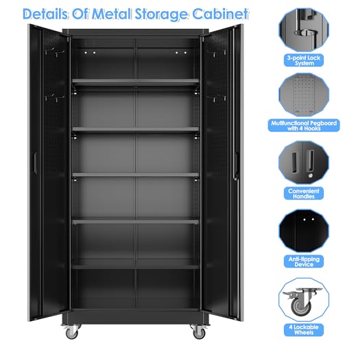 Aobabo Metal Garage Storage Cabinet with Wheels and Pegboard, Black - color: Black, size: 16"D x 32"W x 71"H-0 Drawers