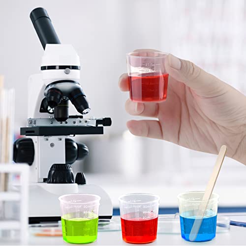 100 Pack 30ml/1oz Transparent Measuring Cups Reusable Clear Plastic Graduated Epoxy Mixing Cups with 100 Pack Wooden Stirring Sticks for Liquids Resin, Epoxy, Stain, Mixing Paint, School Labs - size: 30ml