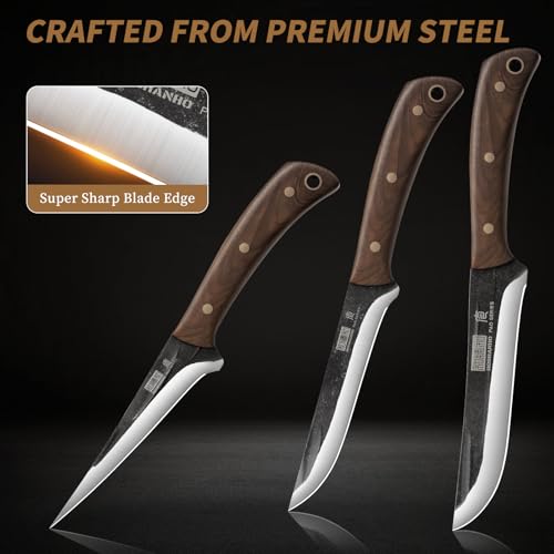 HOSHANHO Butcher Knife Set 3PCS, Sharp Fillet & Utility & Paring Knife Set | Hand Forged Kitchen Knife Set, Upgraded High Carbon Stainless Steel Meat Cutting for Home, Outdoor, Gift for Men - size: 6.7"
