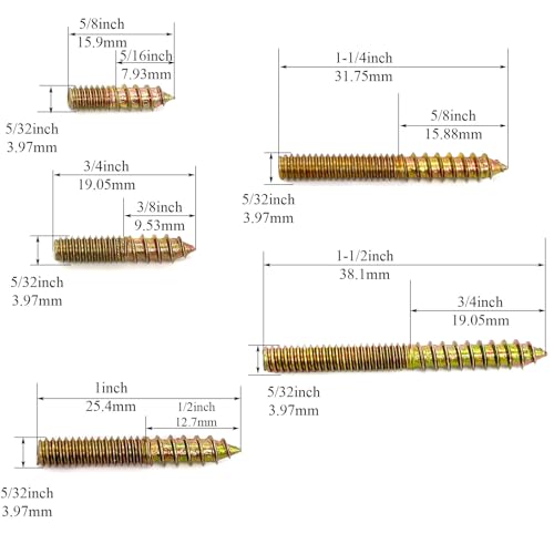 50 Pack Assorted Hanger Bolts Kit - 5 Sizes (5/32-32", 8/5, 3/4, 1, 1-1/4, 1-1/2") - Double Headed Bolts, Wood Dowel Screws - size: 5/32-32"-5 Size-50PCS