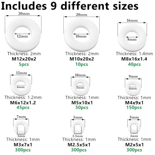 1200PCS White Nylon Washers Assortment Kit, Nylon Flat Washers for Bolts, 9 Metric Sizes Rubber Washers for Screws -M2, M2.5, M3, M4, M5, M6, M8, M10, M12 - size: WHT M2-M12 (1200PCS), style: Nylon Washer