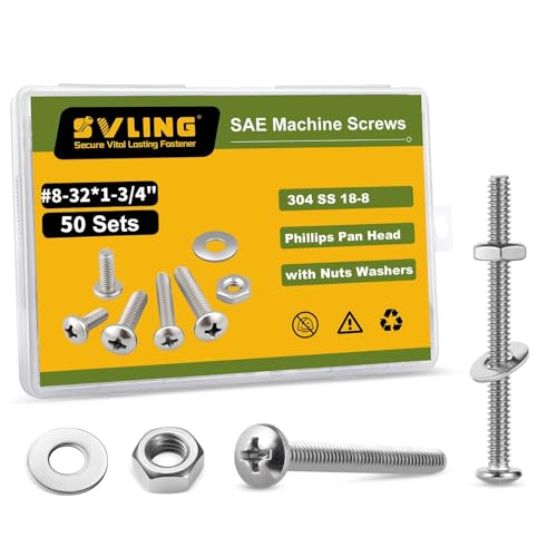 #8-32 x 1-3/4" Pan Head Machine Screws Nut Bolt Washer Assortment Kit,(50 Sets) 304 Stainless Steel 18-8 Phillips Drive Full Thread Assorted - size: #8-32 x 1-3/4"