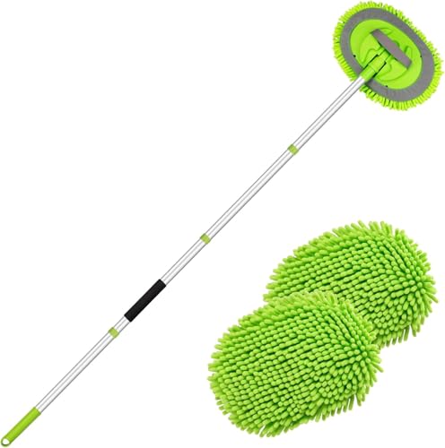 Ordenado 62" Car Wash Brush Kit Mitt Mop Sponge with Long Handle Chenille Microfiber Car Cleaning Brush Kit Supplies Car Washing Mop Kit Car Care Kit of Scratch-Free Replacement Head for Car RV Truck - color: A-green