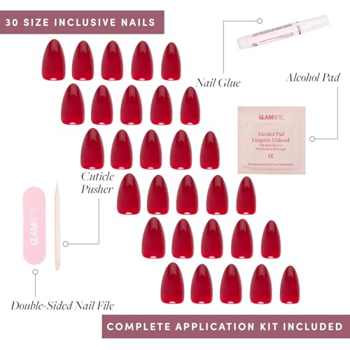 Glamnetic Press On Nails - Short Almond, Glossy Fake Nails 30 Pc Full Kit - color: 3C - Classic Red