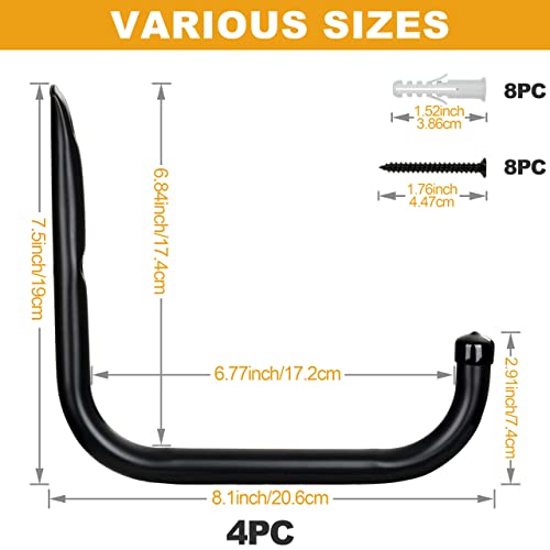KURUI Wall Hooks for Garage Garden, 4 Pack Water Hose Holder, Large Garage Storage Hanger for Ladder Bike Extension Cord Tool, Wall Mount l Hooks, Black Heavy Duty 8 inch Long Hook - size: 8''-4pcs
