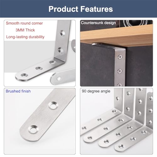 8 Pack L Bracket Corner Braces 4x4 Inch Heavy Duty Stainless Steel Shelf Brackets, 90 Degree Wall Mounted Support Joint Right Angle Hardware for Wood Floating Shelves with Screws - size: 8PCS-Silver 100*100mm/4*4in