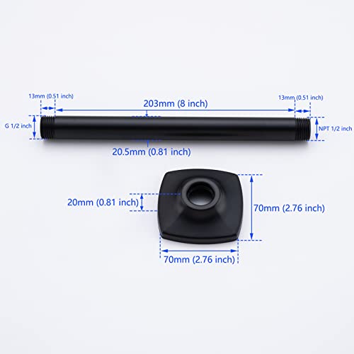 8 Inch Ceiling Mount Shower Arm and Flange,Straight Arm Ceiling-Mounted Matte Black,SW-91038-8MB. - color: R-angle Square Flange-8" Matte Black