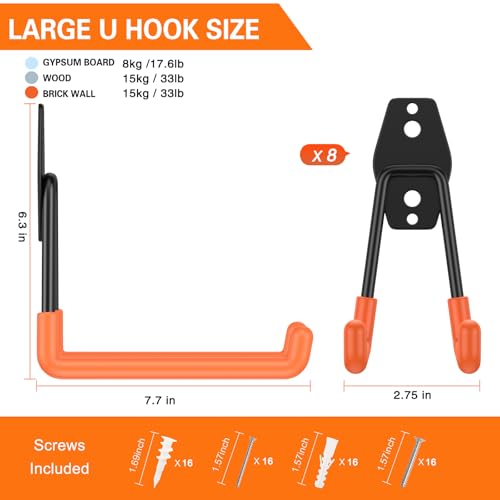 HUPBIPY Garage Hooks Heavy Duty, Large Square Wall Hooks - color: Orange 8Pack, size: 7.7inch U Hook