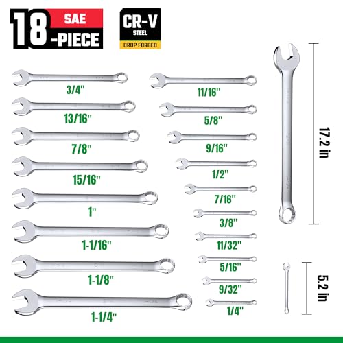 SK Combination Wrench Set, SAE 1/4" to 1-1/4", 18-Piece, Premium CR-V Steel - size: SAE 6.35 to 31.75 mm