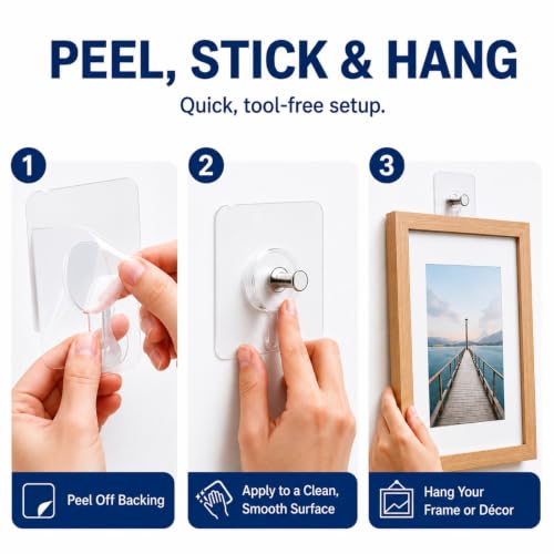 Picture Hangers Without Nails, 20 Pack, Clear Adhesive Hooks, Holds 13 lb - style: 20 Packs Picture Hangers Without Nails