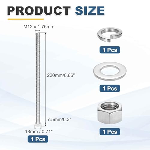 MECCANIXITY M12 x 220mm 304 Stainless Steel Hex Head Screws Bolts, Nuts, Flat & Lock Washers Assortment Kit, Fully Threaded, Bright Finish for Home, Electronic, Machine, 1 Sets - size: M12 x 220mm