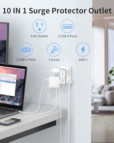 2 Pack Outlet Extender 6 Outlet Wall Plugs 2 USB A Ports and 2 USB C Ports - size: 2pack