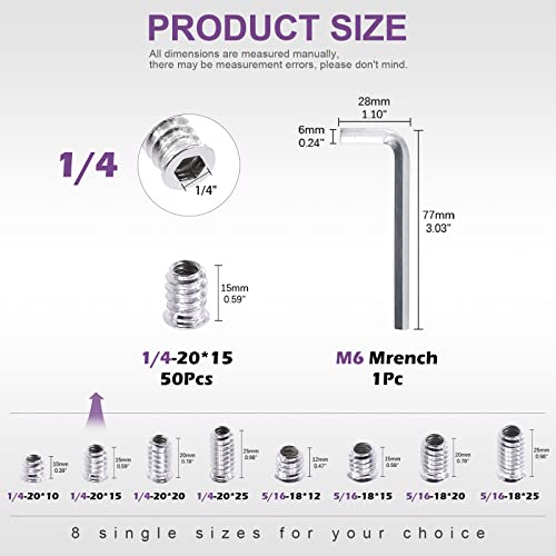Swpeet 50Pcs 1/4" - 20 x 15mm Carbon Steel White Zinc Plated Carbon Furniture Screw in Nut Threaded Wood Inserts Threaded Inserts Bolt Fastener Connector Hex Socket (1/4" - 20 x 15mm) - size: 1/4" - 20 x 15mm