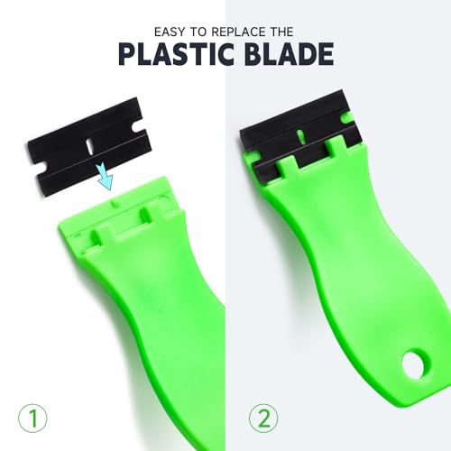 FOSHIO 2PCS Plastic Razor Blade Scraper Tool and 100PCS Plastic Blades for Gasket Remover, Sticker Remover, Labels Decal and Adhesive Remover for Windows and Glass (Lime Green) - color: Lime Green