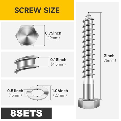 Mywish (8Sets) 1/2" x 3" Hex Head Lag Bolts, Heavy Duty Lag Screws with Washers, 304 Stainless Steel Bolts 18-8, Lag Screws Wood Screws, Partial Thread Bright Finish, 1/2 Bolt - size: 1/2 x 3" (8 set)
