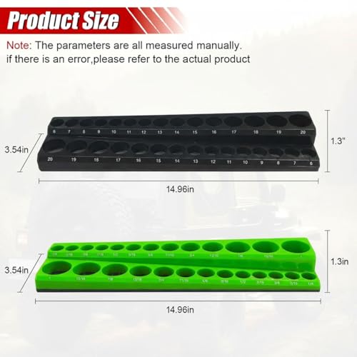 2PCS Magnetic Socket Organizer Set - 3/8 Inch Drive Metric SAE Socket Holder Tool Trays Magnetic Sockets Storage Rail Holds 56 Standard and Deep Sockets for Tool Box Carts Drawer (3/8"-Black&Green) - size: 3/8"-Black&Green