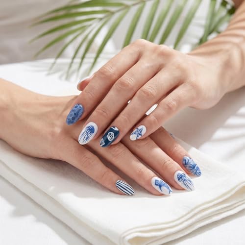Summer Press On Nails Short Almond Blue White with Ocean Life Whale Shark - color: Style6