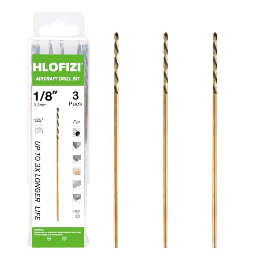 1/8 x 8 Inch Extra Long Drill Bits (3 Pack), Aircraft Drill Bit Black and Gold M2 HSS for Wood, Plastic, Thin Metal Sheet - size: 1/8 in