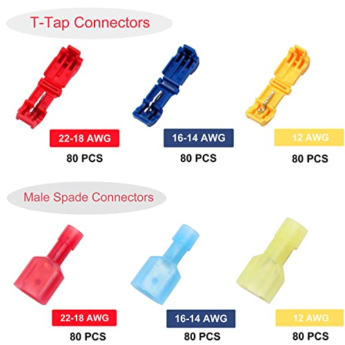 480PCS T-Tap Wire Connectors, Self-Stripping Quick Splice Electrical Wire Terminals, Insulated Male Quick Disconnect Spade Terminals Assortment Kit - style: 480PCS Tap Wire Connectors
