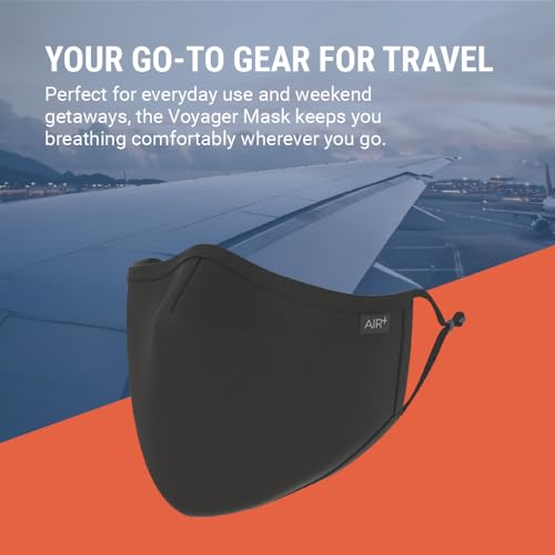 AIR+ Reusable Face Mask, Multi-Layer, Washable, Breathable, for Men & Women, Anti-fog for Glasses, Adjustable Ear Loops - color: Black/Large