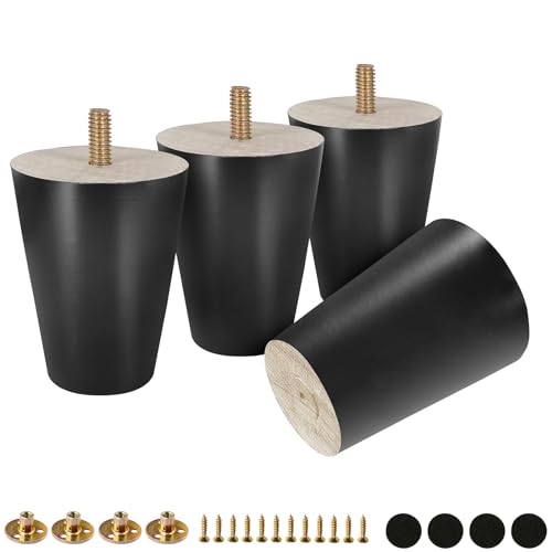 FoDau770 Rubber Wood Legs 3", Straight Taper, 5/16"-18 Thread, Black, 4pcs | Wood Couch legs - Mid Century Sofa Legs - Furniture legs Replacement for Cabinet Dresser Chair Ottoman - color: Black, size: 3 Inch - Straight (90°)