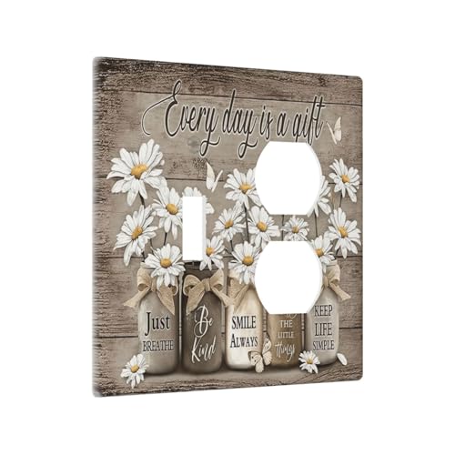 Floral Daisy Rustic Vintage Flower Vase Wood Grain Wallplates 1 Toggle 1 Duplex Switch Plate Electrical GFCI Faceplate Decorative Light Switch Covers for Farmhouse Home Decor - color: Floral Daisy Rustic Vintage Flower Vase Wood Grain, size: 1 Toggle 1 Du