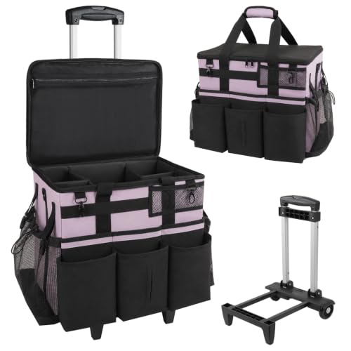 SCAVATA Rolling Cleaning Caddy Bag with Detachable Trolley, Large Cleaning Supplies Organizer with Wheels, Multi-Pocket Cleaning Cart with Adjustable Shoulder Strap for Housekeepers (Lilac) - color: Lilac