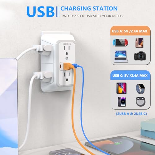 2 Pack Wall Outlet Extender, 6 Outlet Splitter with 4 USB Ports (2 USB C), 3 Sided 1050J Multi Plug with Surge Protector for Home Office Kitchen Travel-ETL - color: White-6 Outlets-2 Pack