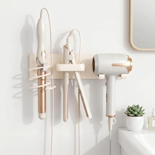 Hair Dryer Holder Wall Mount No Drill, 3 in 1 Curling Iron Holder & Flat Iron Holder, Heat Resistant Bathroom Hair Tool Organizer, White - style: Hook style