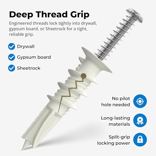 Qualihome Drywall Anchors with Screws – Self-Drilling Drywall Anchors, Anti-Spin Grip, No Pre-Drill Wall Anchor Kit, Strong & Reliable Hold, 25 Pack (50 Pieces) - style: 25 Pack (50 Pieces)