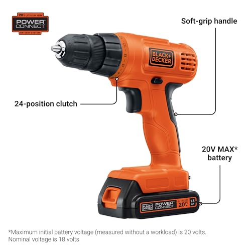 BLACK+DECKER 20V MAX POWERCONNECT Power Drill Cordless Drill Driver Electric Screwdriver with 30 Piece Bit Set, Battery and Charger Included (LD120VA)