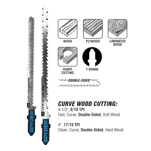 Spyder 5-Piece Single and Double-Sided Jig Saw Blade Set, for Wood and Metal, CRV/HSS Bi-Metal Steel, T-Shank Compatible with All Major Brands (300062) - size: 3-1/2 inch & 4-inch, TPI (10, 6, 8, 21, 12), style: 5-Piece Set