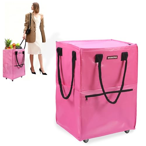 WORKPRO Medium Rolling Grocery Bag, 18-Gallon Rolling Tote with 4 Wheels - color: Pink, size: Medium