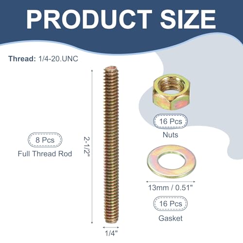 PATIKIL 1/4" x 2-1/2" Color Zinc Fully All Thread Rod, 8 Pcs Carbon Steel Long Threaded Screw Stud Bolts for Furniture Garden Mounting Assembly Fastening - size: 1/4" x 2-1/2"