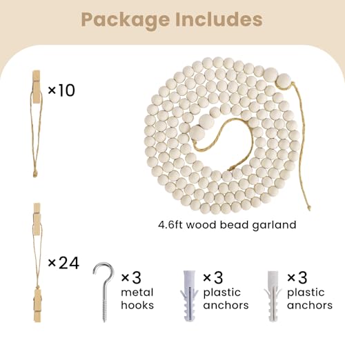 KLOGTSIND Kids Art Display Wall Decor, Wood Beads Garland with 34 Clips - color: Brown
