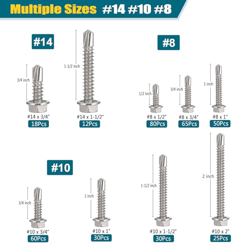 SATANTECH #8#10#14 Self Drilling Screws Assortment Kit,410 Stainless Steel Self Tapping Sheet Metal Screws Hex Washer Head,370Pcs Self Tapping Screws for Metal Wood Plastic,1/2" 3/4" 1" 1-1/2" 2"