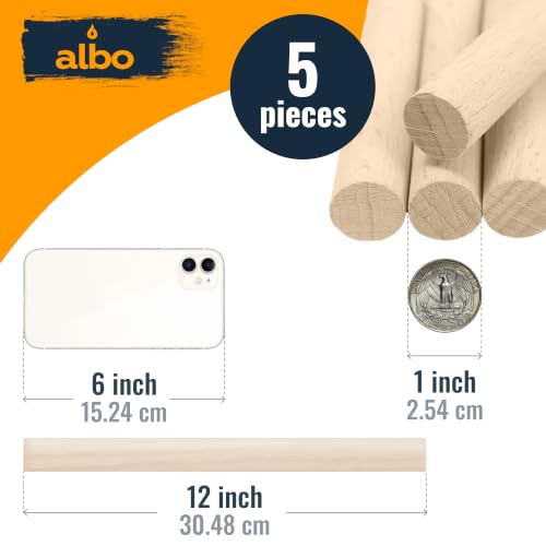 ALBO 1" x 12" Wooden Dowel Rods Set of 5 PCS, Natural Birch Wood - size: 1" x 12" 5 Pcs