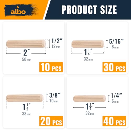 ALBO Wooden Dowel Pins 100 Pack Assorted Sizes 1/2 + 3/8 + 5/16 + 1/4 inch Fluted Wood Dowels Rods Hardwood Crafts Dowel Pegs - size: Set 100pcs 1/2 + 3/8 + 5/16 + 1/4 inch
