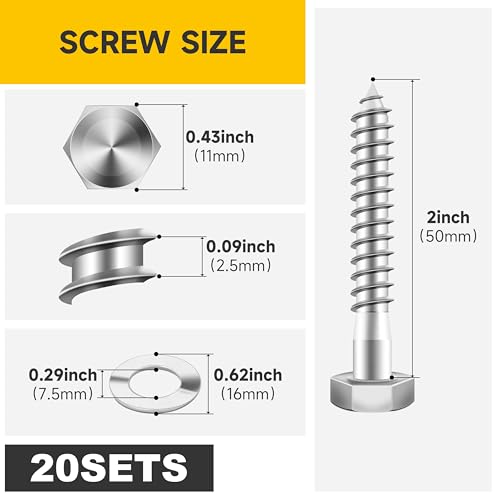 (20Sets) 1/4" x 2" Hex Head Lag Bolts, Heavy Duty Lag Screws with Washers, 304 Stainless Steel Bolts 18-8, Lag Screws Wood Screws, Partial Thread Bright Finish, 1/4 Bolt by Mywish - size: 1/4 x 2" (20 set)