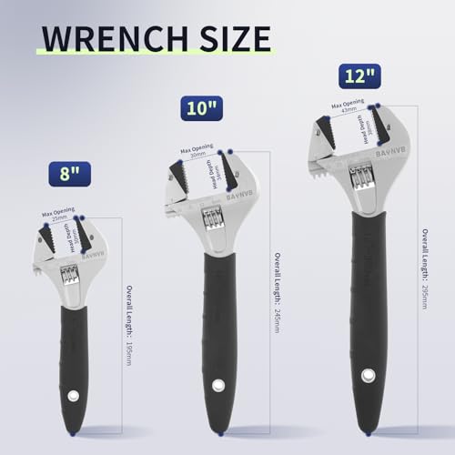 2 Pack Adjustable Wrench Set, 8-inch and 12-inch Wrench with Serrated Self-tightening Jaw, 25mm and 43mm Wide Jaw Opening Wrench for Plumbing, Automotive, Industrial - size: 2 Pack(8"+12")