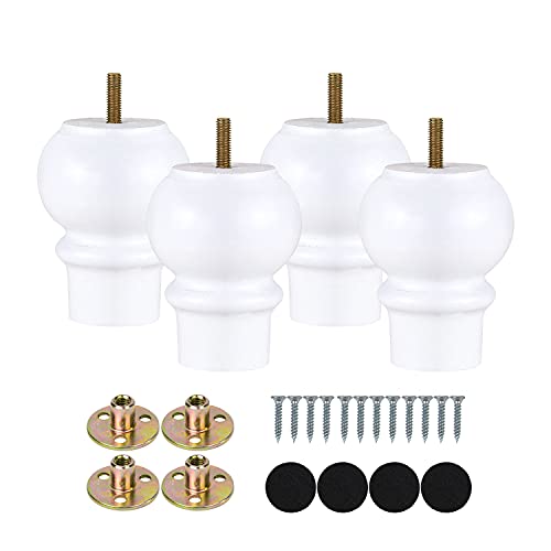 Maricome 4 Inch White Furniture Legs Set of 4 Wood Replacement Legs for Cabinet Dresser Ottoman M8 Bolt Pre-Installed - color: 4 Inch White