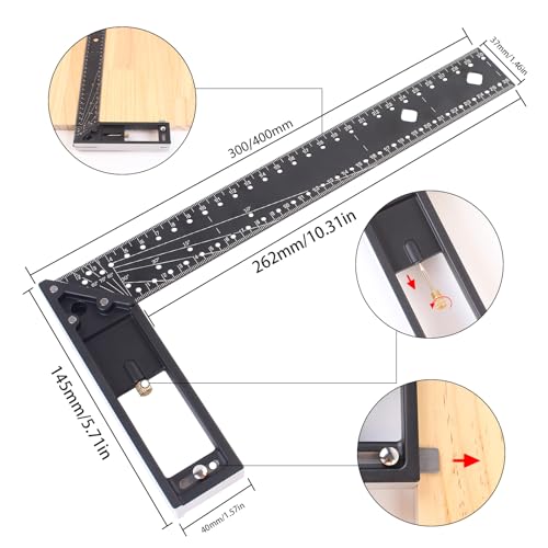 Woodworking Square Ruler, Precision 45/90 Degree Right Angle Ruler, Combination Square with Retractable Ledge and Scribe Mark Pin, Machinist Square Layout Tool for Framing, Marking, DIY